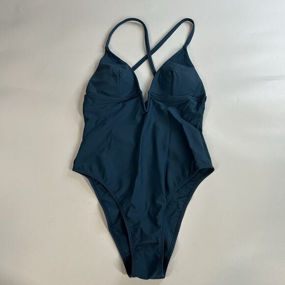 Cupshe Deep V-Wire Cross Back Cheeky One Piece Swimsuit Women’s Small Beach Blue - Picture 1 of 6